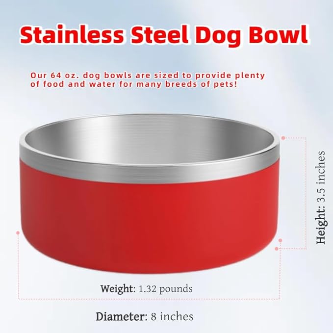 Dog Bowls Medium Sized Dogs-Large Breed 1.9l/64oz Double Layer Stainless Steel Outdoor Dog Water Bowl,Puppy Insulated Food Bowl,with Non-Slip Bottom and 1pc 8oz Food Scoop (Red, 64 oz)