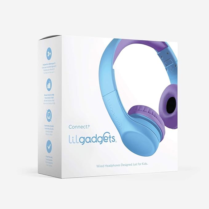 LilGadgets Connect+ Foldable Headphones, Adjustable Fit Soft Touch Padding for Kids with Mic, Volume-Limited & Noise Reduction On-Ear Wired Headset for School with SharePort - Blue/Purple, Ages 3-14