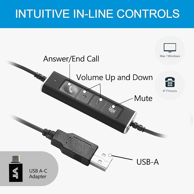 VT Wired UC-Headset with Dual Noise-Cancelling-Microphones - Work Headphones with USB-A Connectivity for PC/Laptop/IP Phones Compatible with MS Teams Used for Zoom,Jabber,GoogleMeet,Genesys,3CX,etc.