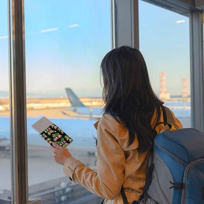 Library Shelfs Passport Holder for Travel Books Stack Potted Plants PU Leather Passport Cover Wallet Cute Passport Card Holder for Women and Men