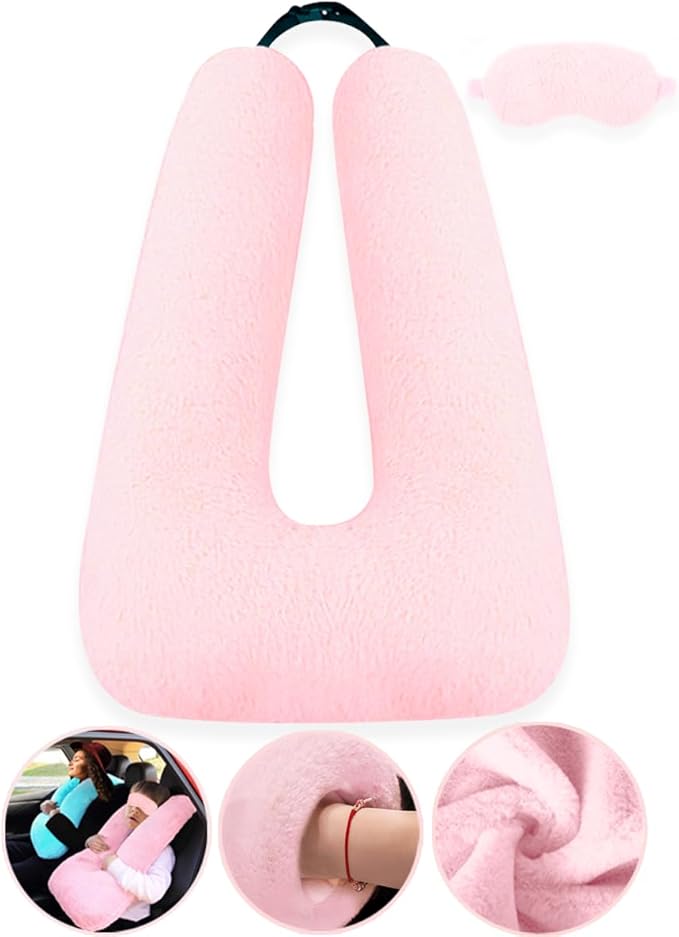 Sexysamba Travel Pillow with Sleep Mask Set Car Pillow Kids Travel Pillow for Sleeping U Shaped Car Seat Pillow Head Neck Body Support for Kids and Adults Road Trip Accessories,Pink