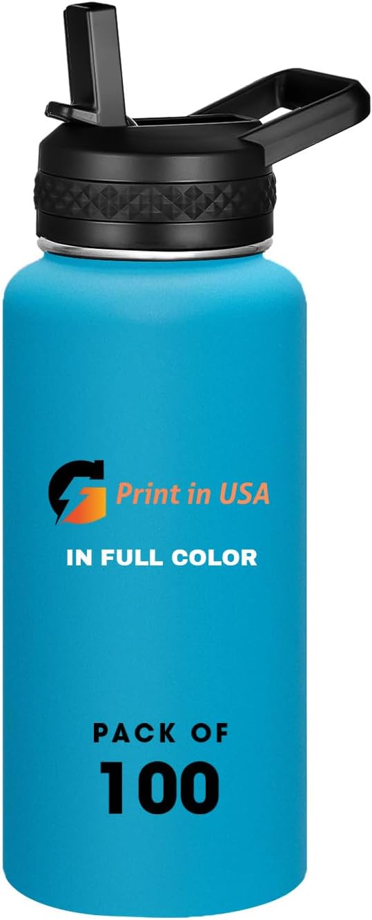 Personalized Custom Print in USA Water Bottle 100Pcs 32oz Stainless Steel Double Wall Coffee Cup with Lid & Straw Insulated Tumbler with Colorful Text Logo Photo