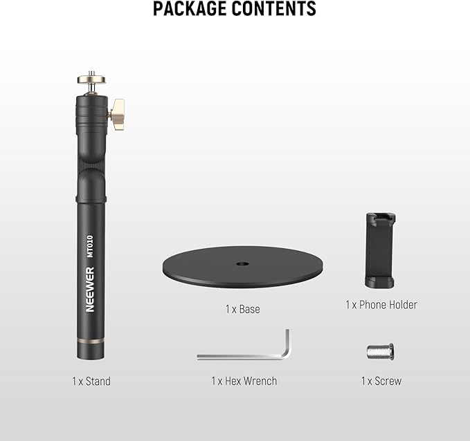 NEEWER Cell Phone Stand for Desk, Adjustable Office Table Phone Holder Mount Compatible with iPhone Samsung for Video Recording Filming, 360° Ball Head, Foldable Arm, Weighted Metal Base, MT010