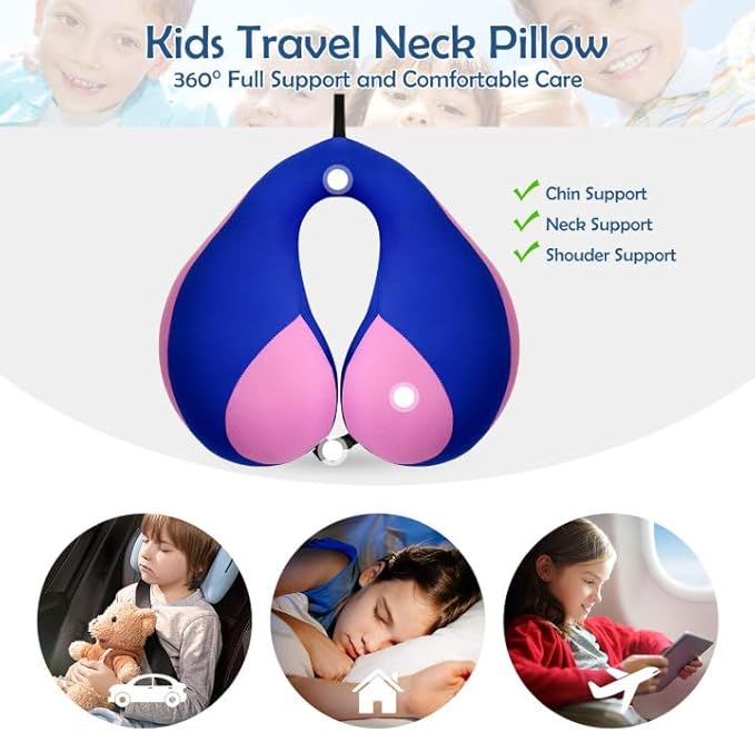 MOOB Kids Travel Neck Pillow with Chin Support, U-Shape Pillow for Head & Neck Support on Airplane & Car Rides, Ideal Travel Gift for Toddlers & Children (Blue Purple)