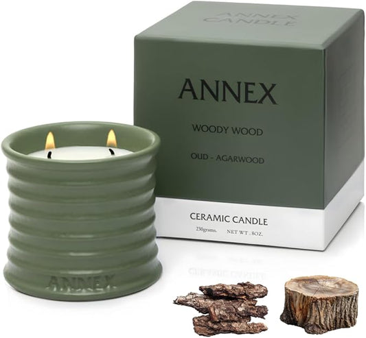 Scented Luxury Candles in Handmade Ceramic Jars, Soy Wax | Woody Wood – Oud & Agarwood, Large Candle | Non Toxic, 2 Wicks, Reusable Big Olive Green Jar | Natural Spring Aromatherapy for Women & Men