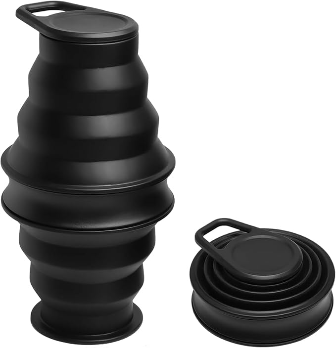 Collapsible Silicone Water Bottle - Foldable, Lightweight, and BPA-Free | 500ml (17oz) Reusable Leakproof Bottle for Camping, Travel, and Gym | Compact & Durable with Carabiner - Black