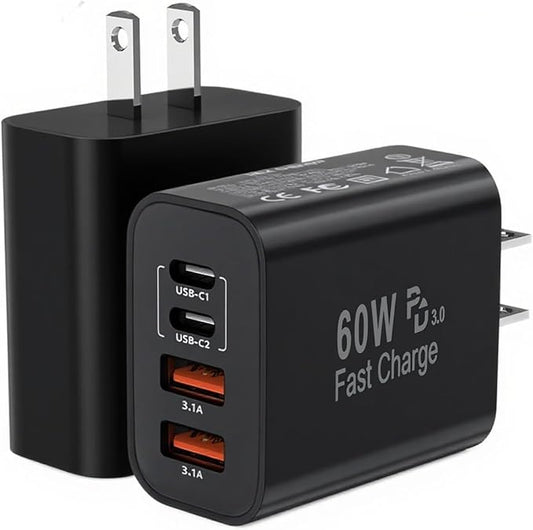 60W USB C Charger Block,2Pack 4-Port GaN USB C Charger Fast Charging Wall Plug Dual Type C+Dual USB-A Port,Multiport Power Adapter Cube for iPhone 17 Pro Max/16e/15/14/13/12/11,iPad Pro/Air/Mini-Black