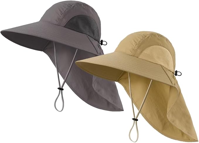LLmoway Wide Brim Sun Hat with Neck Flap for Men Women Summer Outdoor UV Protection Breathable Fishing Hats with Strap