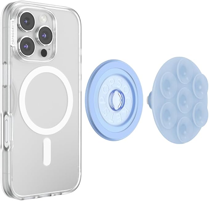 PopSockets Suck-Up™ Suction Grip & Stand, 3-in-1 MagSafe Phone Mount for iPhone, Strong Hold on Mirrors & Glass, Swappable Top, Portable & Reusable - Frost