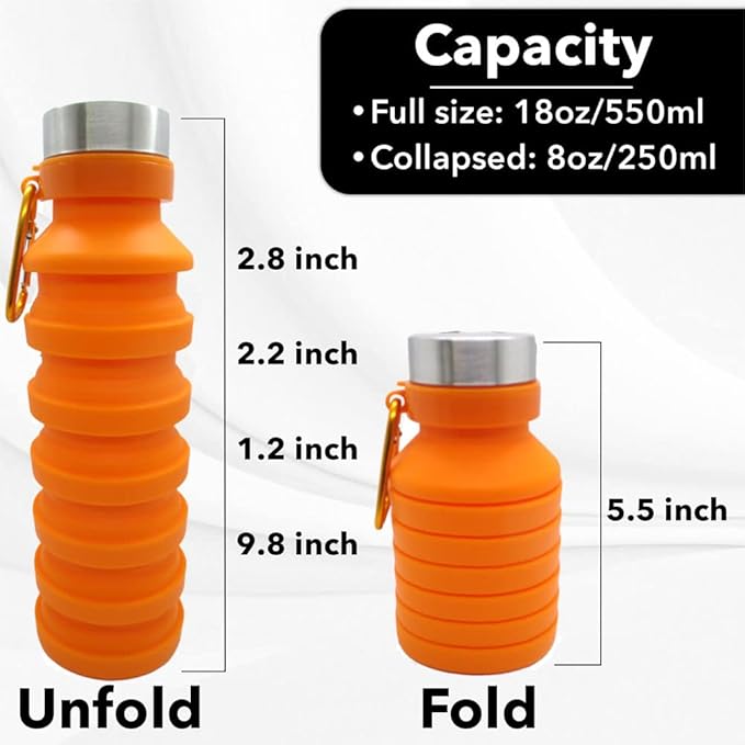 Collapsible Water Bottle (Orange) - Reusable, BPA Free, Silicone, Foldable Portable & Leak Proof - Water Bottles for Travel Gym Camping Hiking - Sports Water Bottle with Carabiner