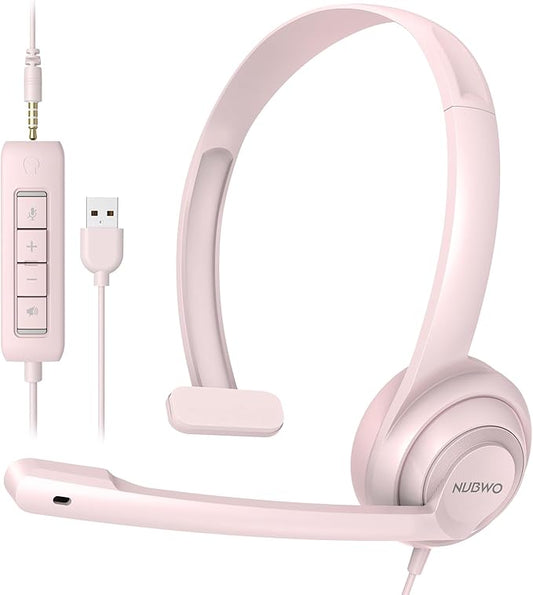 NUBWO HW02 USB Headset with Microphone Noise Cancelling &in-line Control, Ultra Comfort Computer Headphones for Laptop pc, On-Ear Wired Office Call Center Headset for Boom Skype Webinars (Pink)