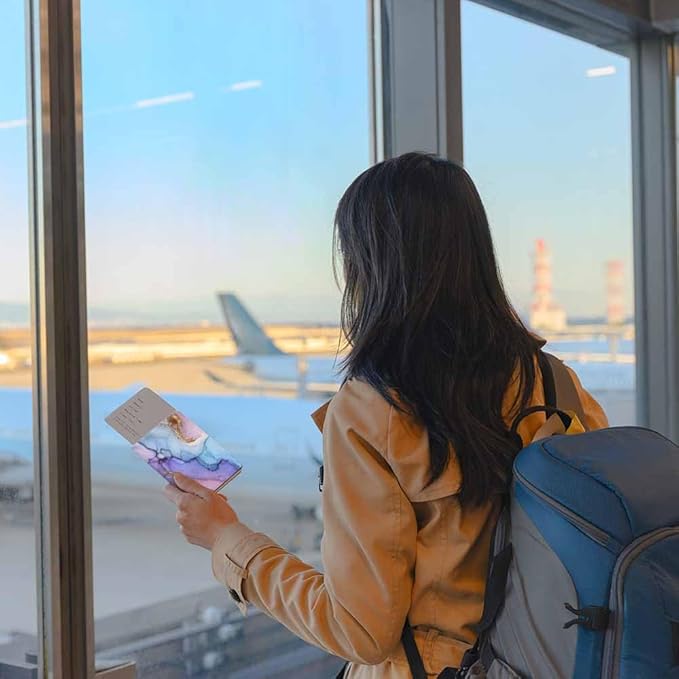 Marble Texture Passport Holder for Travel Pink and Purple Marble PU Leather Passport Cover Wallet Cute Passport Card Holder for Women and Men