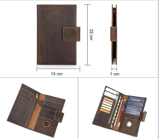Unisex Genuine Leather Wallet Retro Crazy Horse Leather RFID Blocking Family Travel Passport Holder Slot (Coffee)