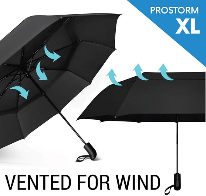 Vented Travel Umbrella | Strong Compact Windproof Umbrella | Deep Dome Coverage | Auto Open/Close | Portable Pop Up with Large Coverage | Fits Car & Backpack