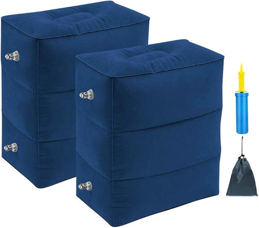 ZIQIAN Inflatable Travel Foot Rest Pillow Portable Adjustable Three Layers Height Foot Stool for Airplanes, Cars, Home, Trains, Office to Lay Down or Sleep on Long Flights with Pump (Blue 2PACK)