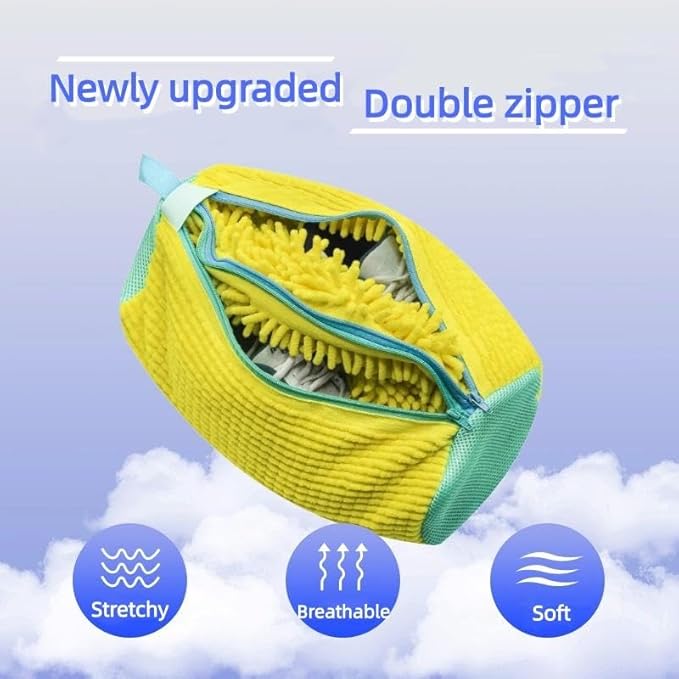 Lazy Shoe Wash Bag – Dual Zipper Chenille Shoe Laundry Bag with Dual Pockets, Anti-Deformation Mesh Wash Bag for Machine Washing Sneakers, Running Shoes & Kids’ Shoes, Gray
