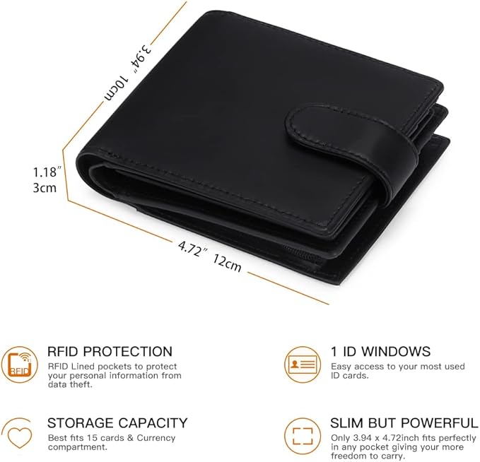 GOIACII Mens Wallet Large Capacity Genuine Leather RFID Blocking Bifold Wallets for Men with ID Window and 15 Card Slots