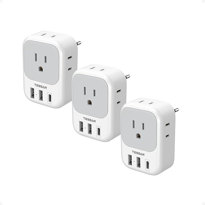 TESSAN European Travel Plug Adapter USB C 3 Pack, US to Europe Plug Adaptor with 4 AC Outlets 3 USB Charging Ports, Type C Power Adapter for USA to EU Euro Spain France Iceland Italy Germany Greece