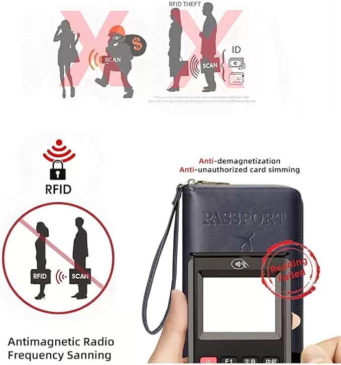 Multi-Functional RFID Passport Wallet,Travel Wallet for Men & Women,With zipper, anti-theft passport holder，Slim Leather Cover for Credit Cards, Tickets, Cash (Grey)