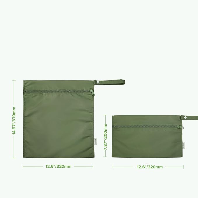 haakaa Waterproof Wet Bags for Baby Wet Dry Bags for Cloth Diaper, Swimsuit & Travel, 2pcs, Olive Green
