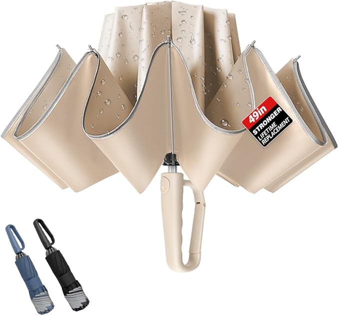 TOPSAIL 10 Ribs Inverted Umbrella with Carabiner Handle, Large Strong Windproof Umbrellas for Rain & Sun, 49" Portable Reverse Folding Compact Travel Umbrella with Safe Reflective Strip, for Women Men