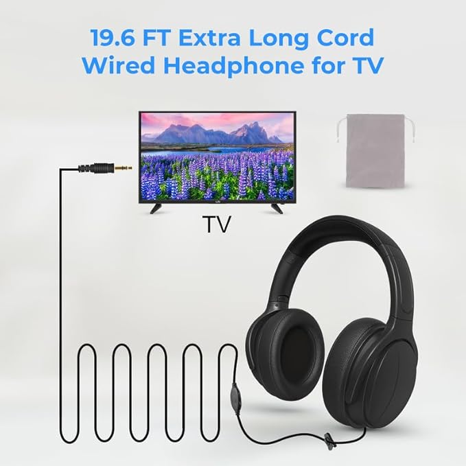 Extra Long Cord Wired Headphone for TV and PC for TV Watching for Seniors with Volume Control Wired Headphones with Long Cord Length Universal 3.5mm AUX Audio(9.8FT)