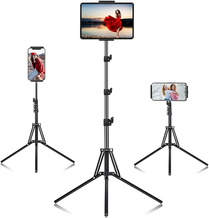 Ipad Tripod Stand, with 65 inch Height Adjustable iPad Stand Holder & iPad Floor Stand with 360° Rotating iPad Tripod Mount for iPad Pro, iPhone, Kindle, and All 4.5-12.9 Inch Tablets