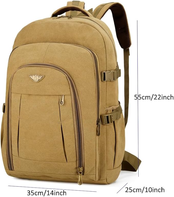 Men's Canvas Travel Backpack, Large 50L Hiking Daypack with Multiple Compartments, Heavy Duty Rucksack, Brown(50L)