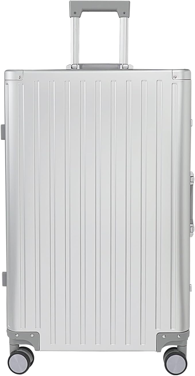 28-inch Aluminum Checked Suitcase: Silver - Full Metal Shell - Crush-Resistant & Burst-Proof, TSA Lock & Spinner Wheels for Business Travel - Men Women