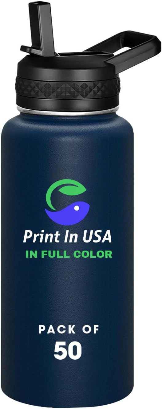 Personalized Custom Print in USA Water Bottle 50Pcs 32oz Stainless Steel Double Wall Coffee Cup with Lid & Straw Insulated Tumbler with Colorful Text Logo Photo
