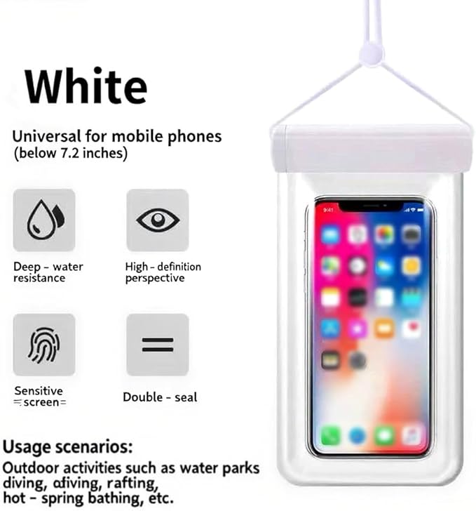 1PCS Waterproof Phone Case - Universal Fit for iPhone 14/13/12 & Android Phones - Submersible Up to 100ft for Kayaking, Fishing, Rain,etc.(Black/White/Pink) (White)