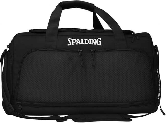 Spalding Gym Bag for Women and Men, Large Sports Duffle Bag with Shoe and Wet Pocket, 10 Zippered Compartments, Waterproof Workout Travel Bags with Adjustable Strap, Lightweight Fitness Duffel, Black