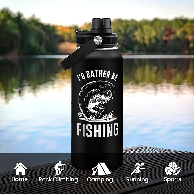 Fishing Insulated Engraved Stainless Steel Water Bottle 32oz, Vacuum Chug Lid Travel Tumbler for Men Friends Dad Grandpa Fisherman, I'd Rather Be Fishing, Gift for Birthday Christmas Father's Day