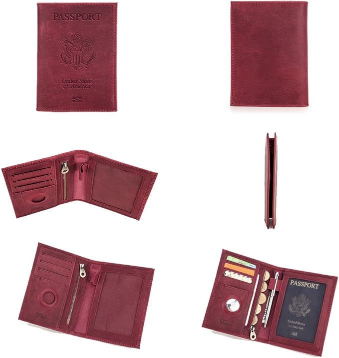 CONTACTS Full Grain Leather Airtag Passport Holder RFID Blocking Travel Passport Wallet Slim Passport Cover Case with 4 Cards Slots, Coin Pocket (Badge, Wine Red)
