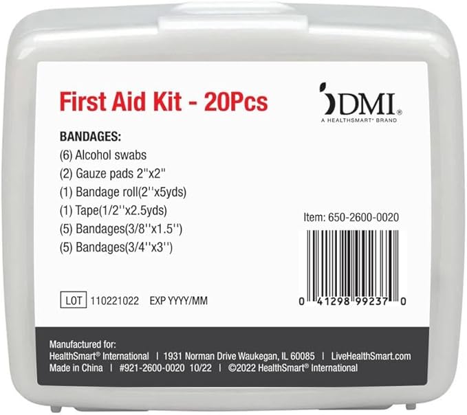 DMI First-Aid Kit, Mini 20-Piece Kit, Small and Compact All-Purpose Use for Minor Cuts and Scrapes, Durable Water-Resistant Case, Convenient and Portable, FSA & HSA Eligible
