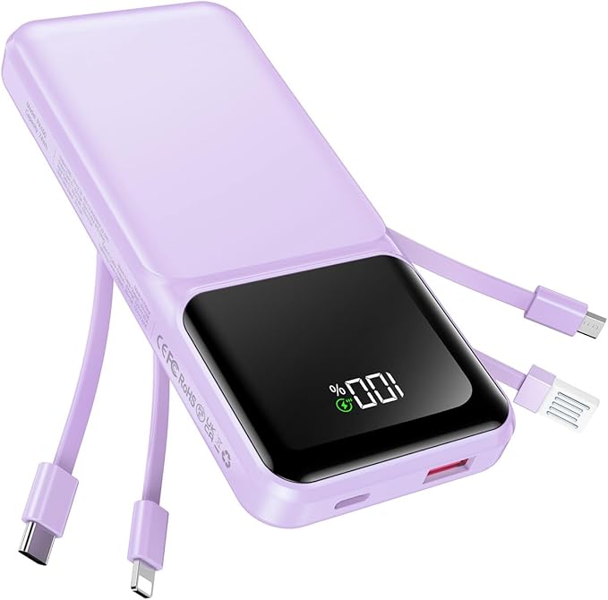 Portable Charger with Built in Cable - 20000mAh Fast Charging LED Display 22.5W Power Bank USB C Slim Battery Pack 5 Outputs & 3 Inputs for Travel Essentials iPhone Samsung Android Phones Tablets