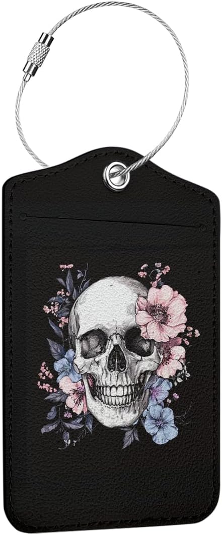 Floral Skull Luggage Tag, Suitcase Tags with Privacy Flap and Metal Loop, Gothic Luggage Tags for Suitcases, Identifiers Travel Essentials Bag Tag, Travel Gifts for Women Girls Friends