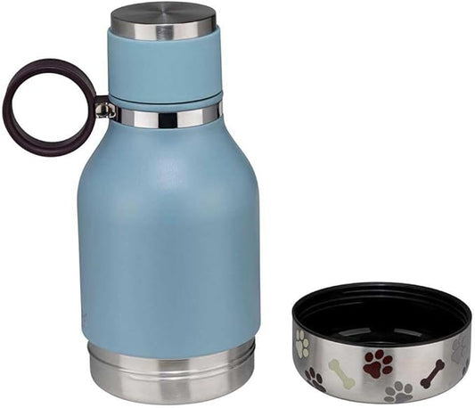 Asobu Buddy Bottle a Stainless Steel Insulated Water Bottle for with Removable Dog Water Bowl and Dog Food and Treat Storage Bowl (Blue, 37 Oz Water Bottle with Bowl)