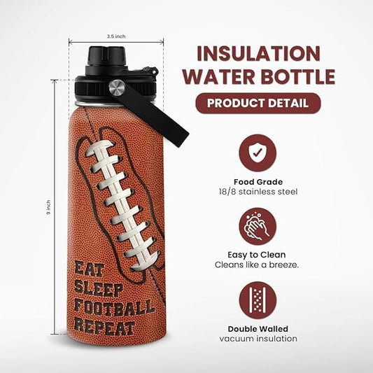 Football Water Bottle 32oz Insulated Stainless Steel Sports Bottle - Gift for Football Fans