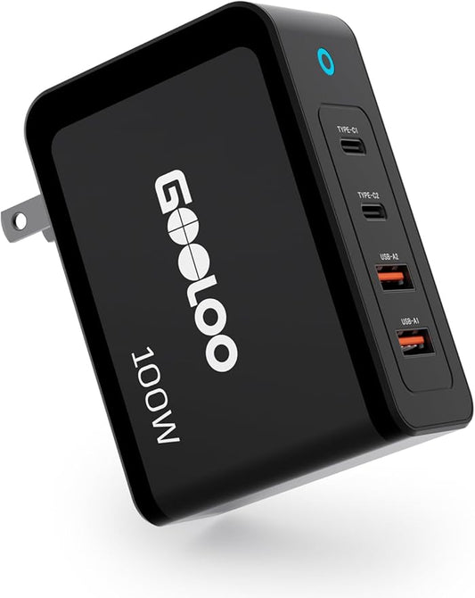 GOOLOO 100W USB C Charger Block, 4-Port Foldable Compact Fast Wall Charger for MacBook Pro/Air/iPad/iPhone Series and More, SuperSafe Power Adapter for GT3000/GT4000S/GT4000/GT6000/A7 Jump Starters