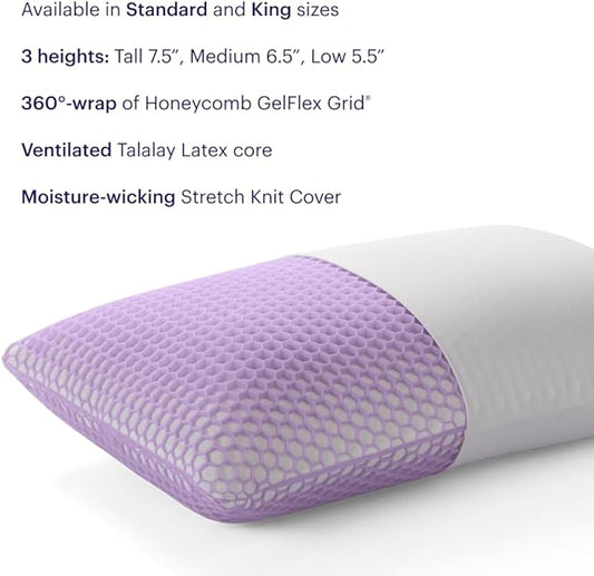 Purple Harmony Pillow - King Low, Greatest Pillow Ever Invented, 360º Hex Grid & Talalay Latex Core - No Pressure Support, Stays Cool, Luxurious Comfort