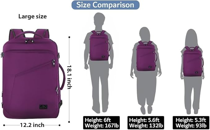 MATEIN Carry on Backpack for Women, 27L Flight Approved Backpack for Teacher Nurse, Fashion Expandable Airline Daypack for Plane, Lightweight Hiking Weekend Back Pack, Traveler Gifts, Purple