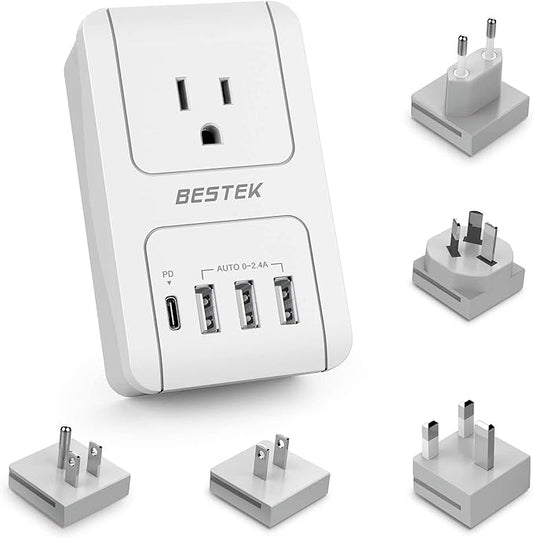 BESTEK Universal Travel Adapter Kit – European Travel Plug Adapter, with PD Fast Charging, 1 USA sockets, 3USB-A, 1x PD 30W USB-C, Power Adaptor for Hair Dryer Curling Iron, Plugs for EU, UK, AU