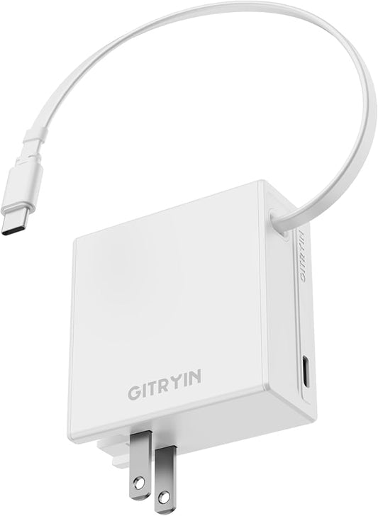 Gitryin 65W USB C Retractable Wall Charger with Built-in Type-C Cable, 2-in-1 Foldable Fast Charger Block, Travel Essentials Compatible for Laptop, MacBook Pro/Air, iPhone 16/15, iPad, Galaxy, Pixel