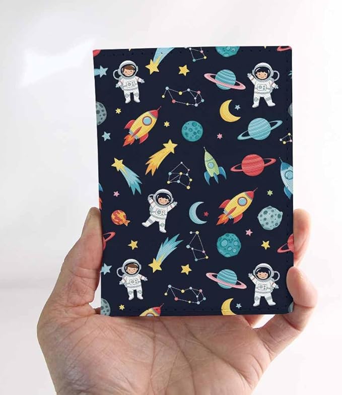 Space Passport Holder for Travel Astronaut Spaceship Rocket Moon Star Planet PU Leather Passport Cover Wallet Cute Passport Card Holder for Women and Men