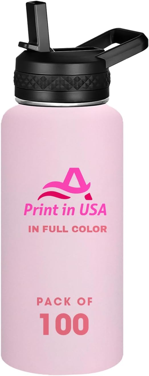 Personalized Custom Print in USA Water Bottle 100Pcs 32oz Stainless Steel Double Wall Coffee Cup with Lid & Straw Insulated Tumbler with Colorful Text Logo Photo