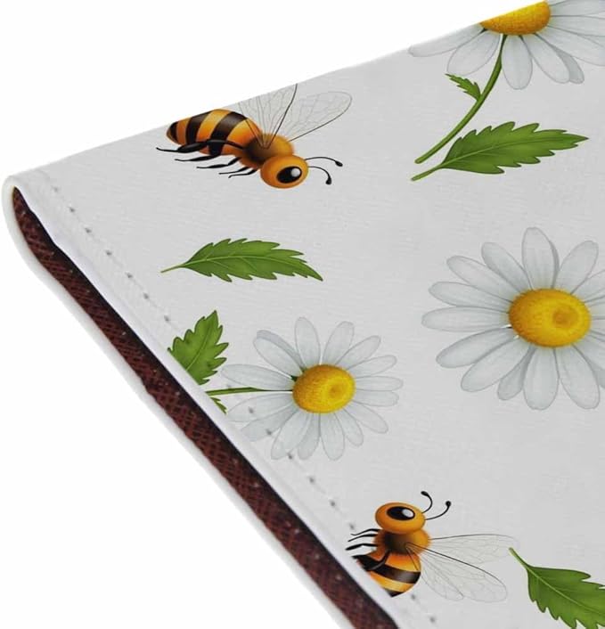 Bees and Flowers Passport Holder for Travel White Camomile Daisies Honey PU Leather Passport Cover Wallet Cute Passport Card Holder for Women and Men