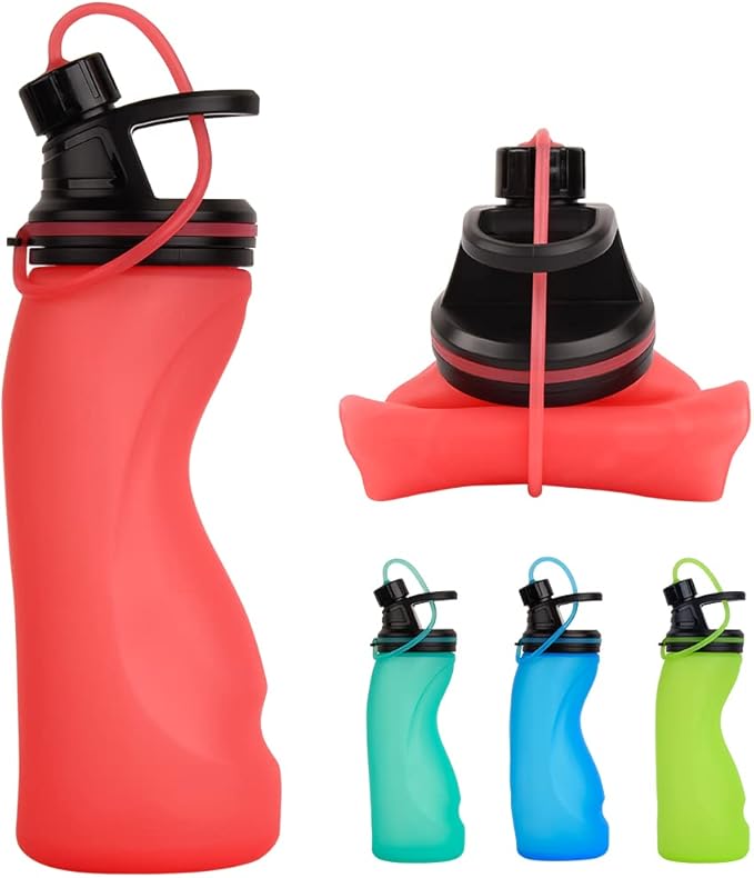 E-Senior Collapsible Water Bottle BPA Free - Foldable Water Bottle for Travel Sports Bottles with Triple Leak Proof Lightweight 17oz (Upgraded Fire Red)