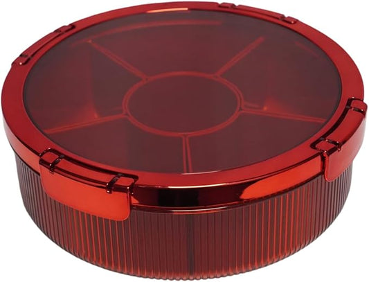 Snackle Box Container, Round Divided Serving Tray with lid 6parts (Red) for Veggie, Candy and Nuts Organizer, Snackle Charcuterie Boxes for Travel, Party and Picnic
