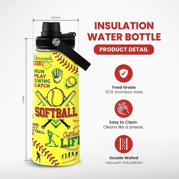 Softball Gift Water Bottle With Lid, 32oz Insulated Stainless Steel Sport Bottles - Gift for Softball Players Fan Coach